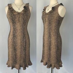 Y2K Mini Dress Size 6 Brown Black Snake Print Ruffle Sleeveless Fitted Going Out